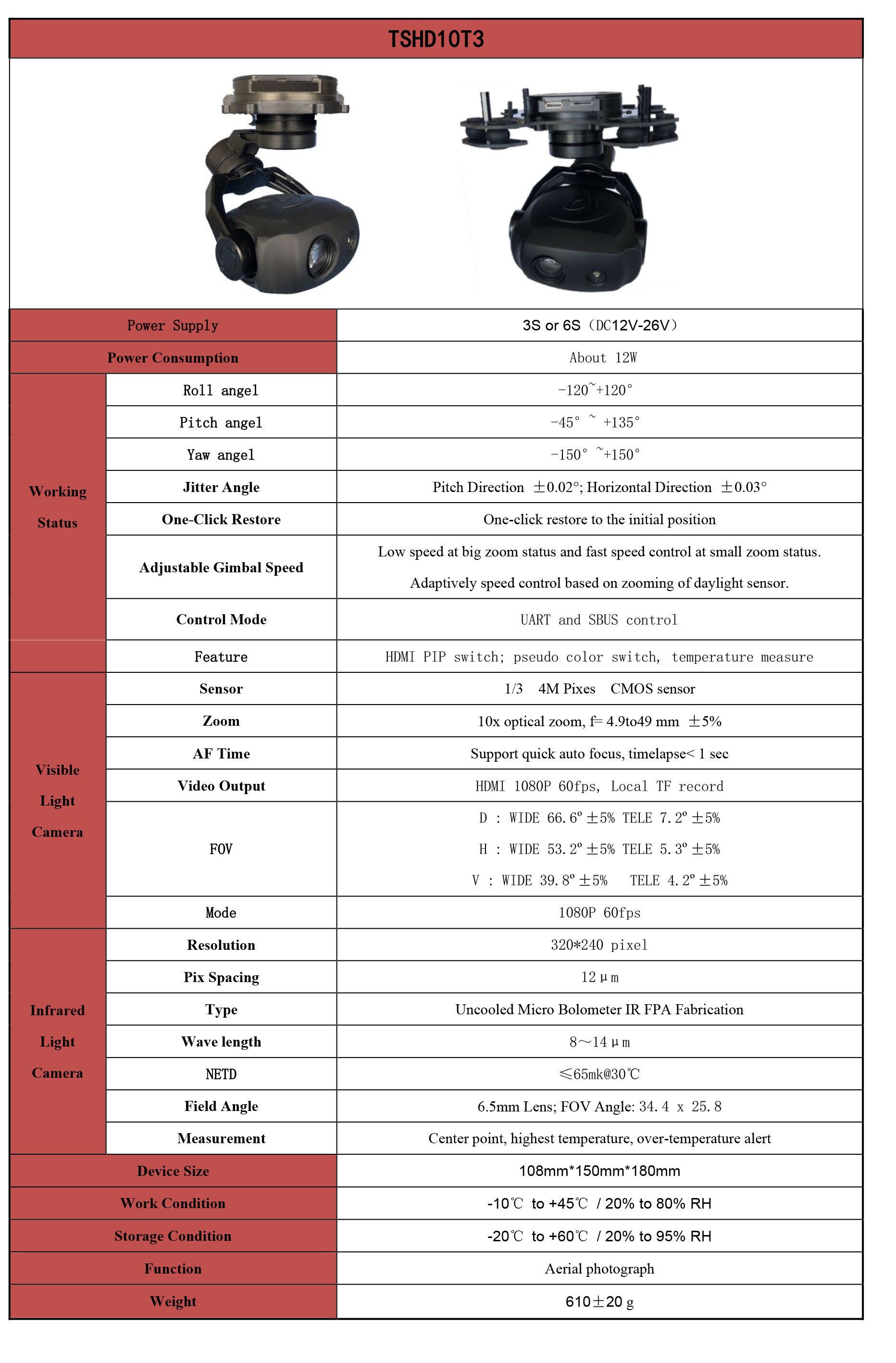 TSHD10T3 10x Optical Zoom Camera +Thermal camera Gimbal