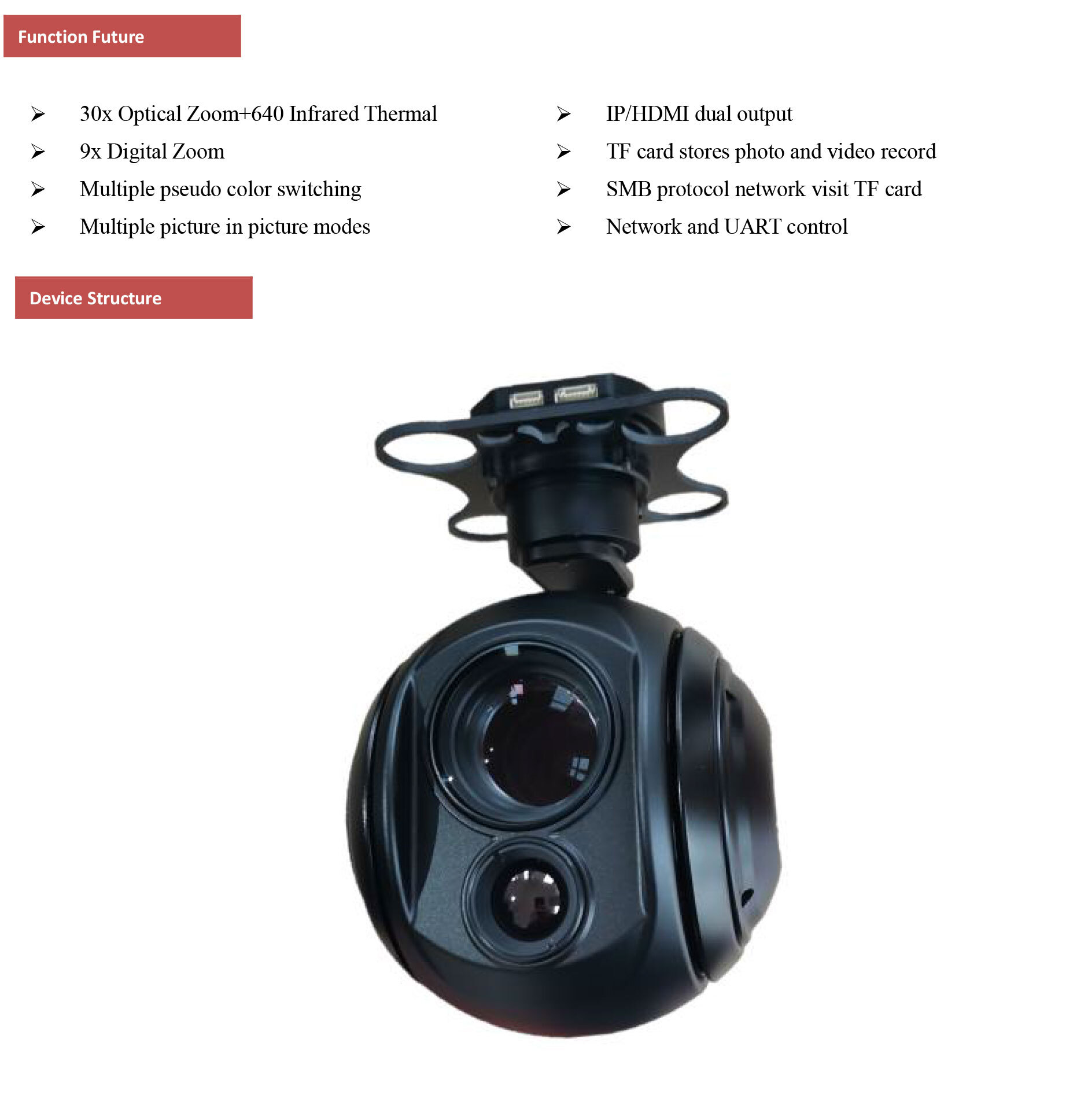 KHP30G619  30x Optical Zoom Camera + 640*512 Thermal Camera  Dual light 3-Axis Stabilized Gimbal, HDMI/IP Dual Output