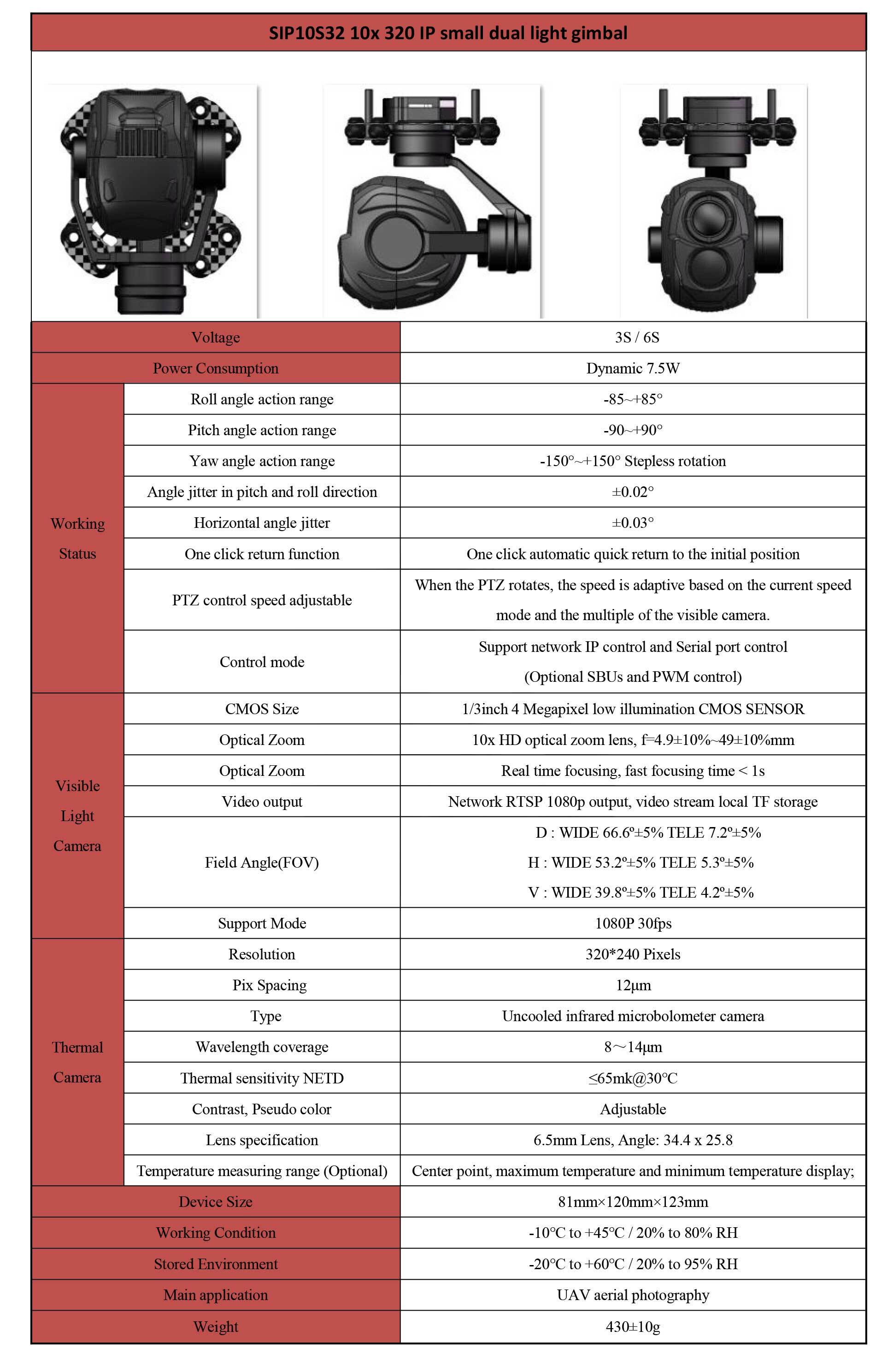 SIP10S32 10x Optical Zoom + 320*240 Thermal imaging  Dual Light 3-Axis Gimbal, IP output