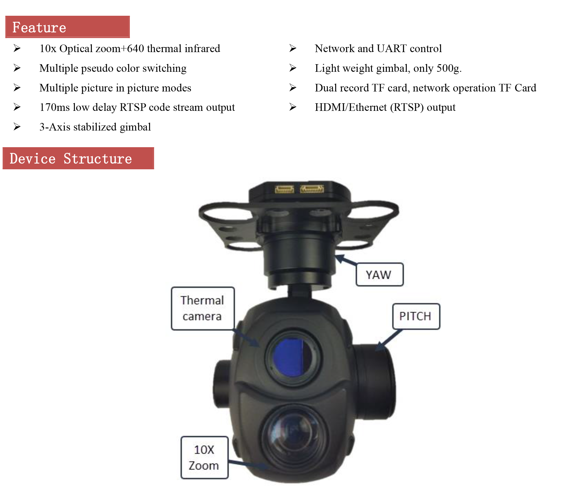 KHP10G613 10x Optical zoom camera + 640*512 thermal camera  Dual light 3-Axis Stabilized Gimbal, IP/HDMI output 