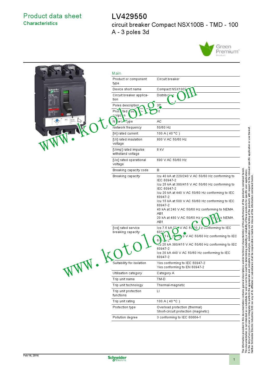 MCCB Circuit Breaker Compact NSX100B TMD 100A 3p3d