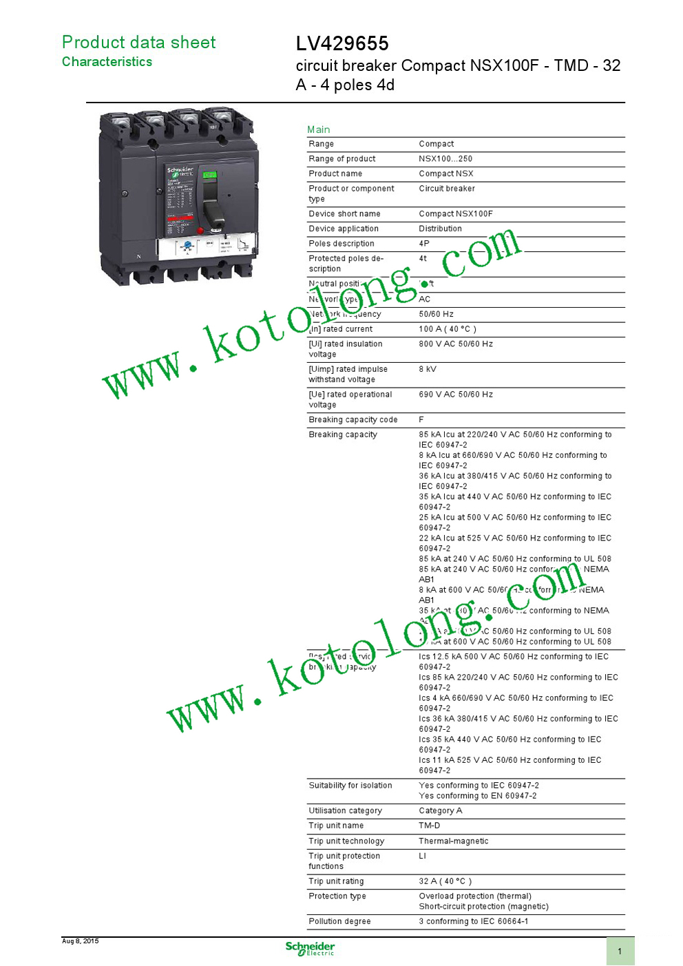 MCCB Circuit Breaker Compact NSX100F TMD 32A 4p4d