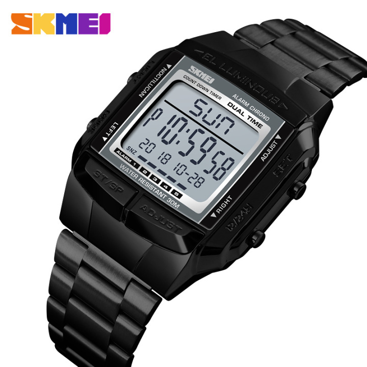 SKMEI 1381 Men Digital Stainless Steel Watch Week Date Alarm Luminous Wristwatch