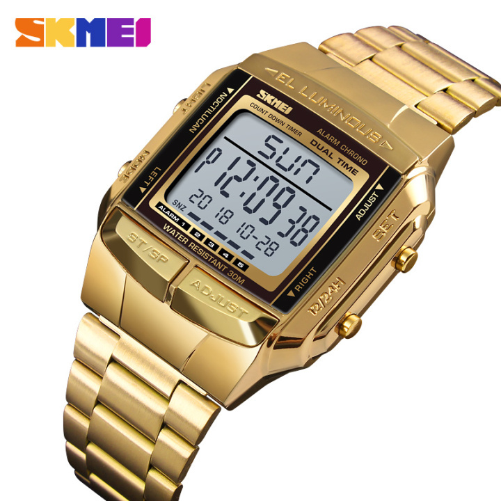 SKMEI 1381 Men Digital Stainless Steel Watch Week Date Alarm Luminous Wristwatch