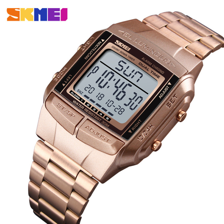 SKMEI 1381 Men Digital Stainless Steel Watch Week Date Alarm Luminous Wristwatch