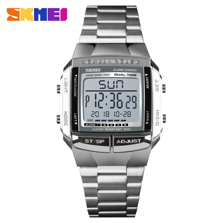 SKMEI 1381 Men Digital Stainless Steel Watch Week Date Alarm Luminous Wristwatch