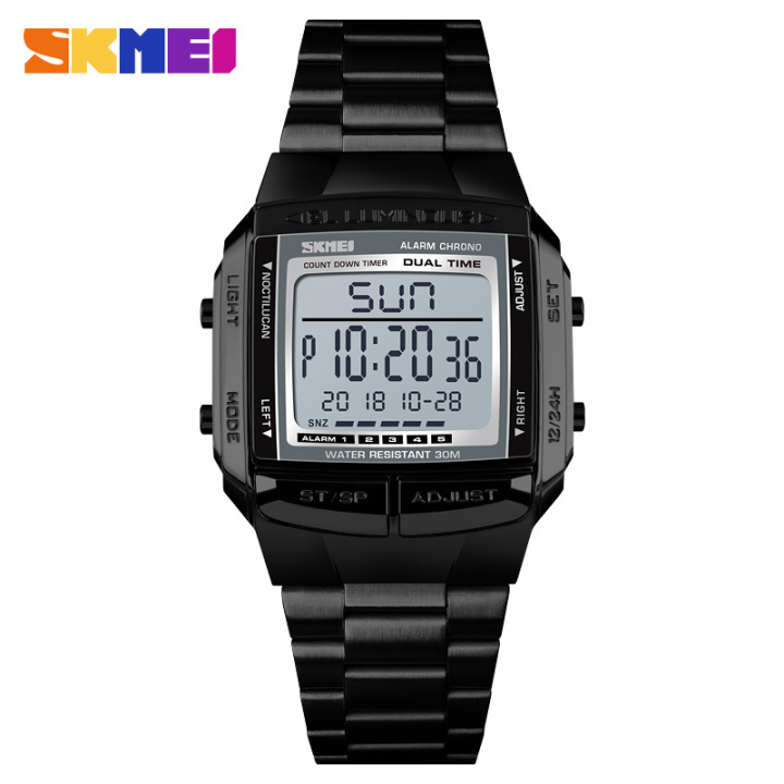 SKMEI 1381 Men Digital Stainless Steel Watch Week Date Alarm Luminous Wristwatch
