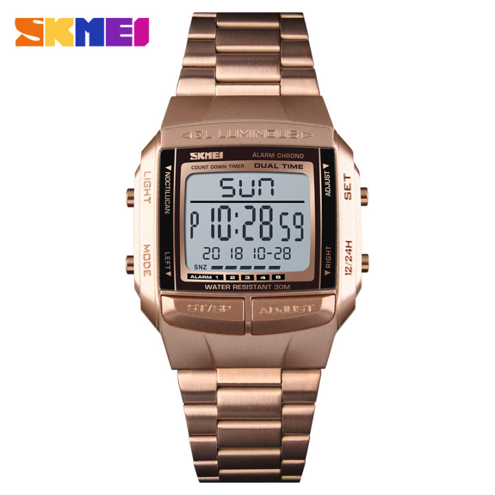 SKMEI 1381 Men Digital Stainless Steel Watch Week Date Alarm Luminous Wristwatch