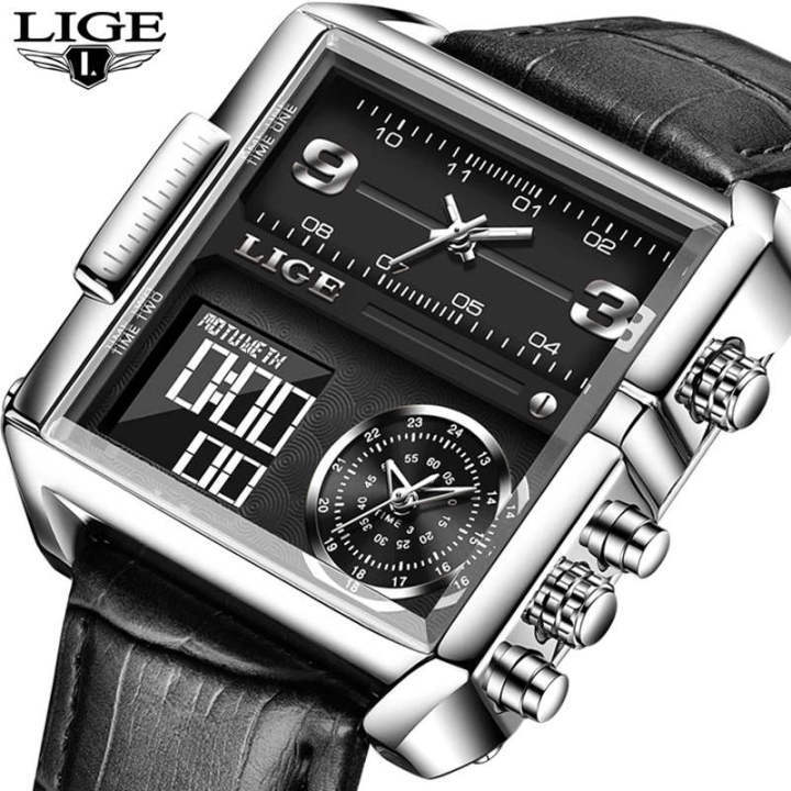 Lige 8925 Square Quartz Watch for Men Functional Waterproof Sport Leather Lige Watches