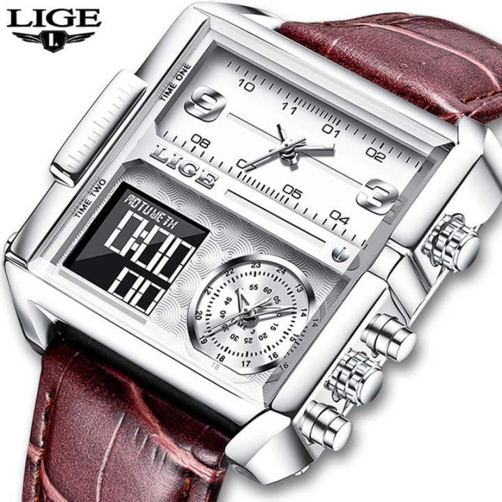 Lige 8925 Square Quartz Watch for Men Functional Waterproof Sport Leather Lige Watches