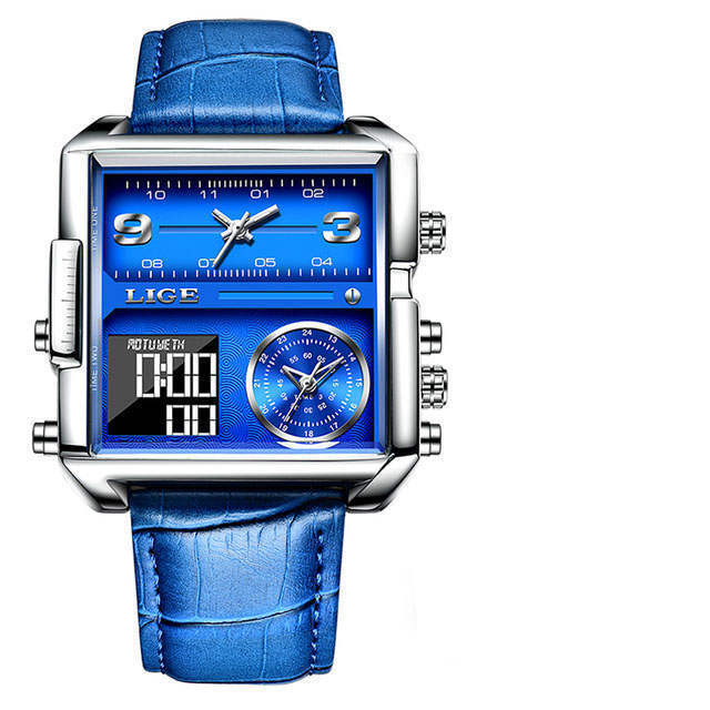 Lige 8925 Square Quartz Watch for Men Functional Waterproof Sport Leather Lige Watches