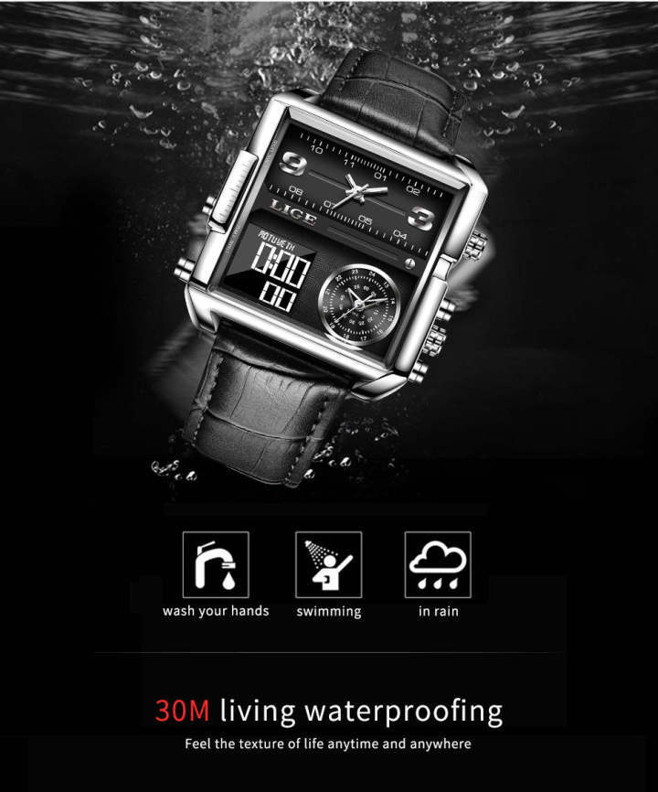 Lige 8925 Square Quartz Watch for Men Functional Waterproof Sport Leather Lige Watches