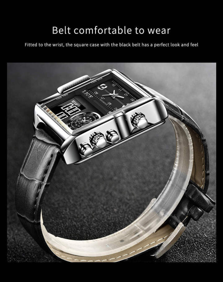 Lige 8925 Square Quartz Watch for Men Functional Waterproof Sport Leather Lige Watches