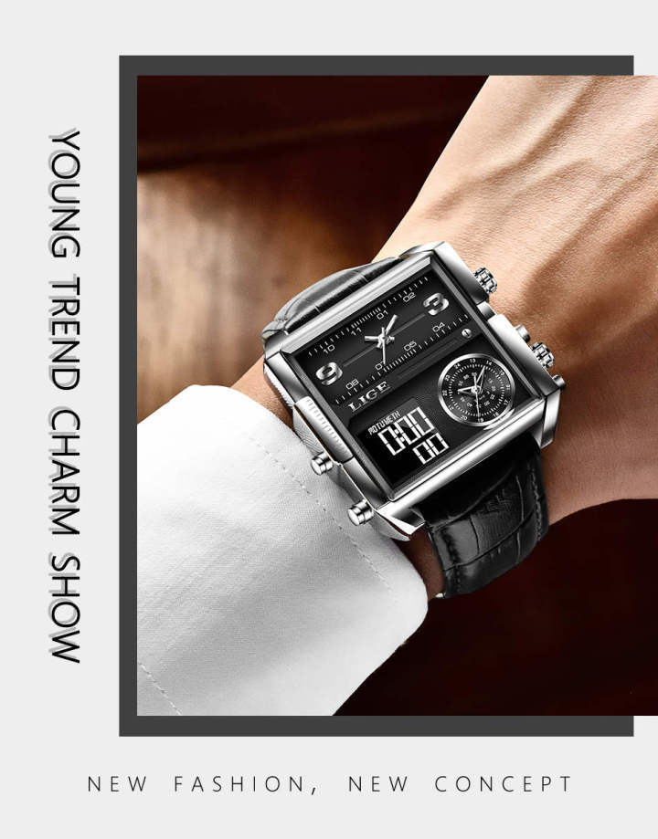 Lige 8925 Square Quartz Watch for Men Functional Waterproof Sport Leather Lige Watches