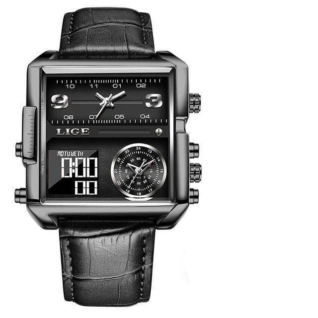Lige 8925 Square Quartz Watch for Men Functional Waterproof Sport Leather Lige Watches