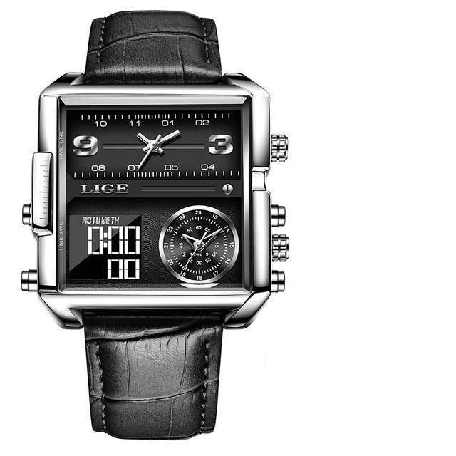 Lige 8925 Square Quartz Watch for Men Functional Waterproof Sport Leather Lige Watches