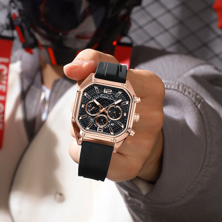 New Arrival Square Watch Trendy Multi-function Chronograph Quartz Watch Men's with silicon strap