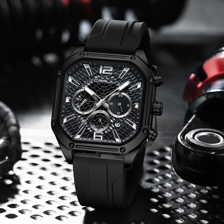 New Arrival Square Watch Trendy Multi-function Chronograph Quartz Watch Men's with silicon strap