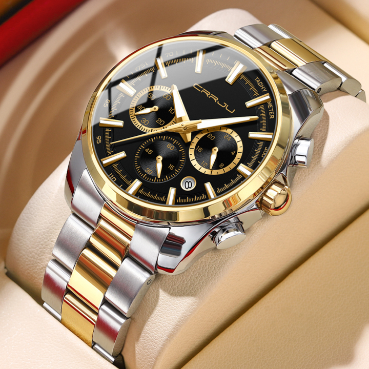 CRRJU new arrival luxury 316L stainless steel waterproof chronograph luminous quartz men wristwatch