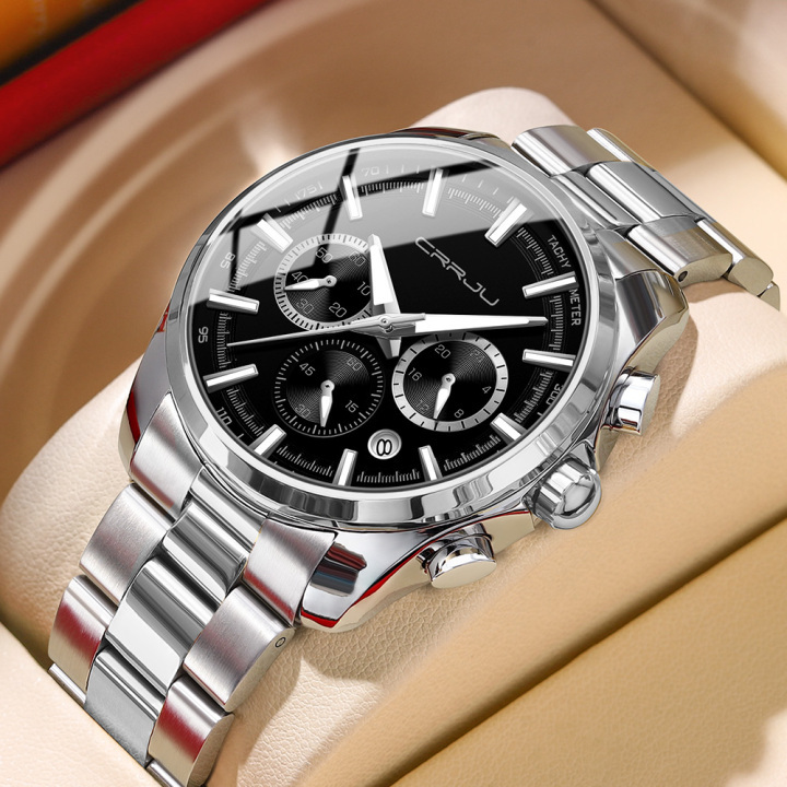 CRRJU new arrival luxury 316L stainless steel waterproof chronograph luminous quartz men wristwatch