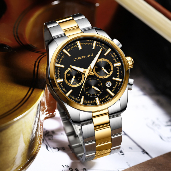CRRJU new arrival luxury 316L stainless steel waterproof chronograph luminous quartz men wristwatch