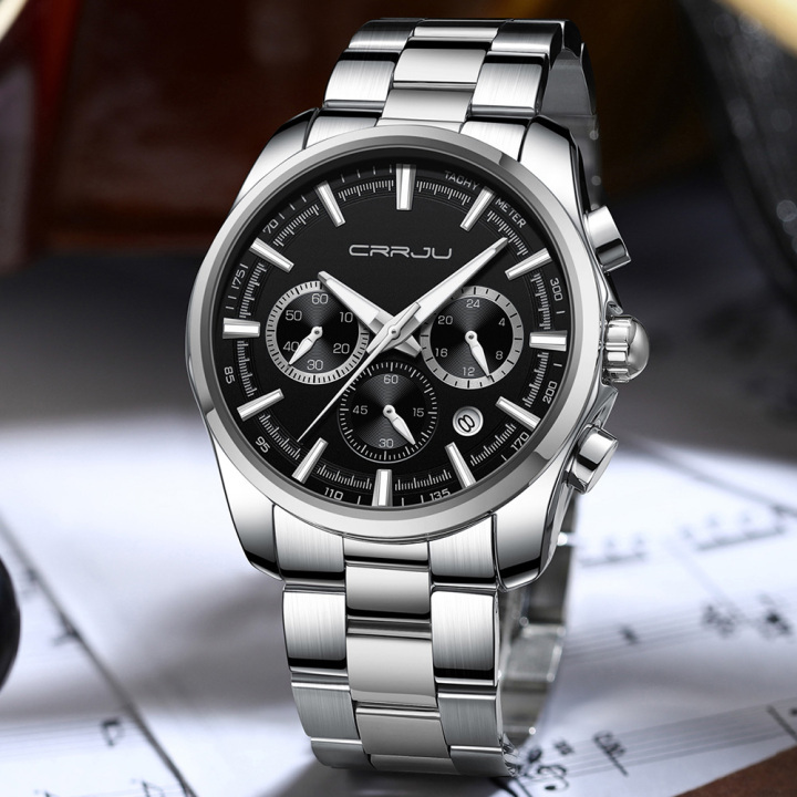 CRRJU new arrival luxury 316L stainless steel waterproof chronograph luminous quartz men wristwatch