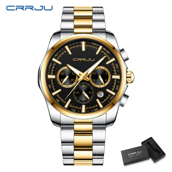 CRRJU new arrival luxury 316L stainless steel waterproof chronograph luminous quartz men wristwatch