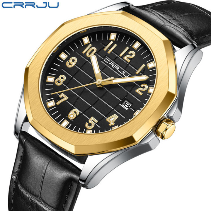 CRRJU New Design Quartz Watch Men Sports Watches Real Leather Strap Calendar Wrist Watch 5022