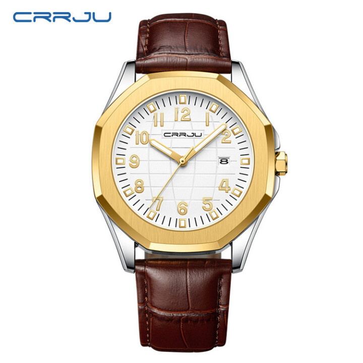 CRRJU New Design Quartz Watch Men Sports Watches Real Leather Strap Calendar Wrist Watch 5022