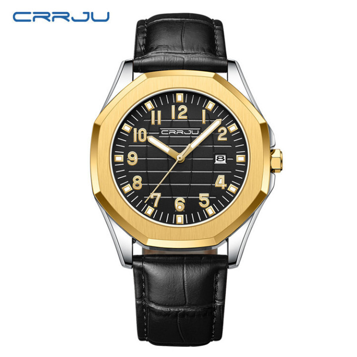 CRRJU New Design Quartz Watch Men Sports Watches Real Leather Strap Calendar Wrist Watch 5022