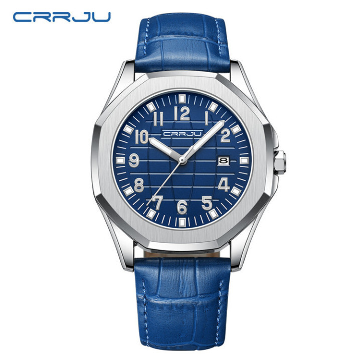 CRRJU New Design Quartz Watch Men Sports Watches Real Leather Strap Calendar Wrist Watch 5022