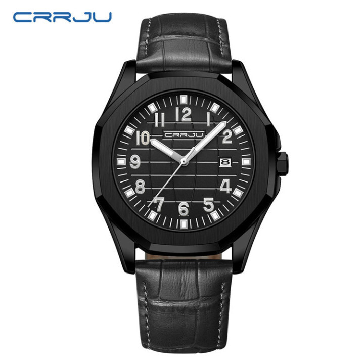 CRRJU New Design Quartz Watch Men Sports Watches Real Leather Strap Calendar Wrist Watch 5022