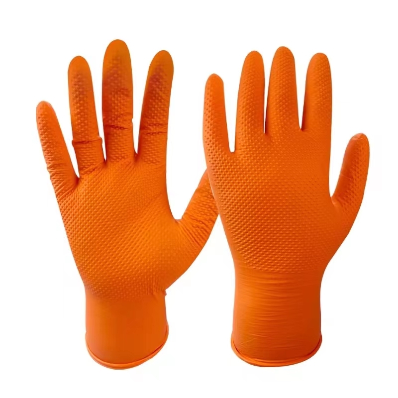 7 Mil Diamond Grip Orange Nitrile Glove Factory Sell Directly Thick Anti Slip Safe Health Food Service Auto Repair Gloves