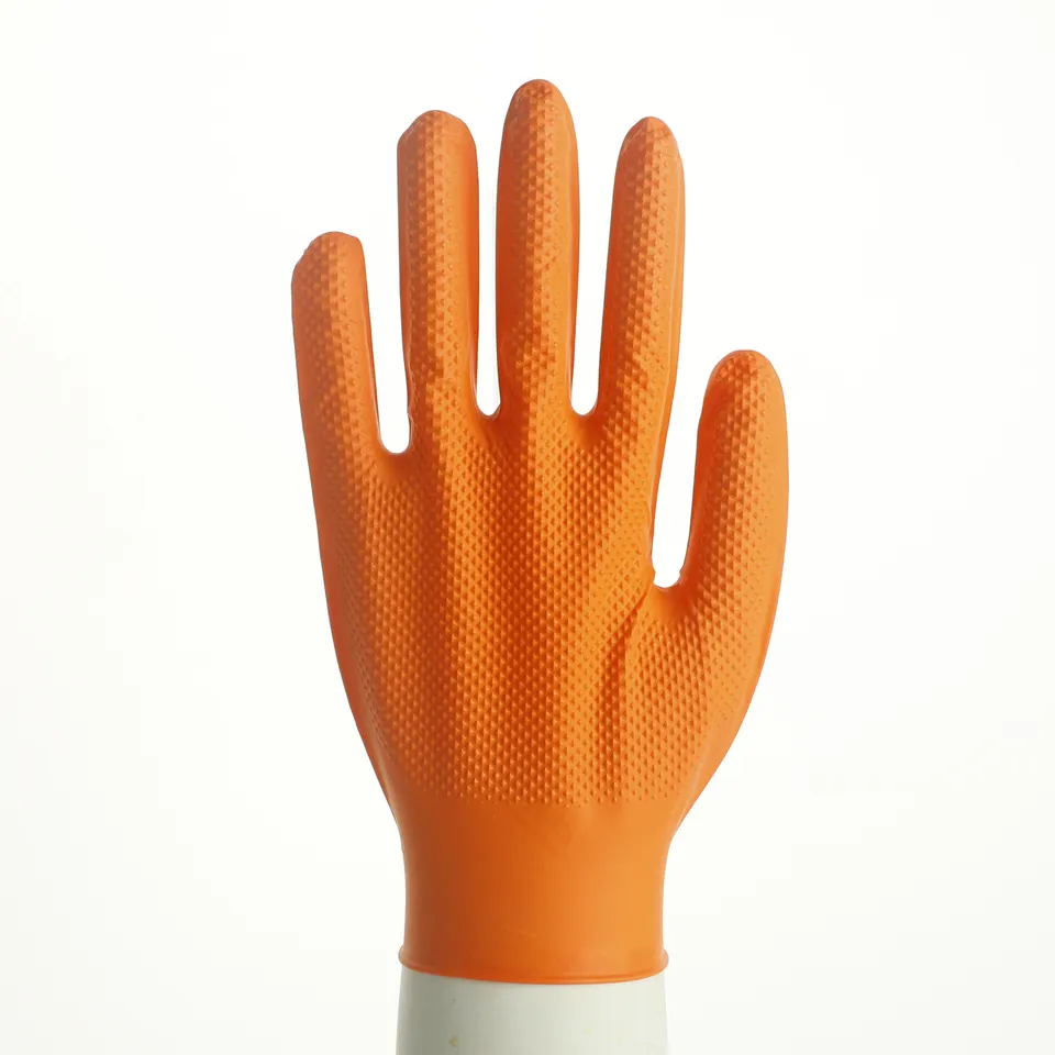 7 Mil Diamond Textured Orange Stretch Gloves Industrial Full Finger Work Safety Nitrile