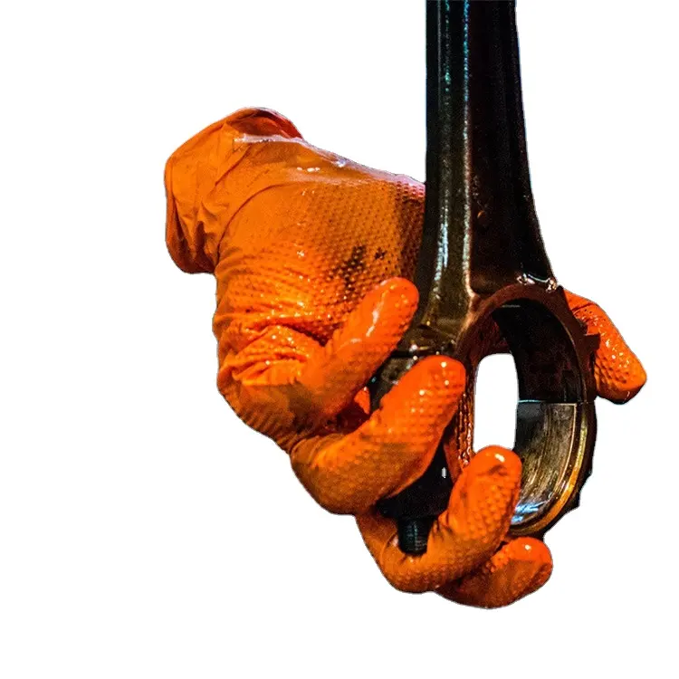 7 Mil Diamond Textured Orange Stretch Gloves Industrial Full Finger Work Safety Nitrile