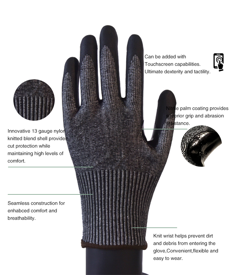 high quality customized black 13G HPPE STAINLESS STEEL WIRE liner nitrile foam coated industrial work safety glove