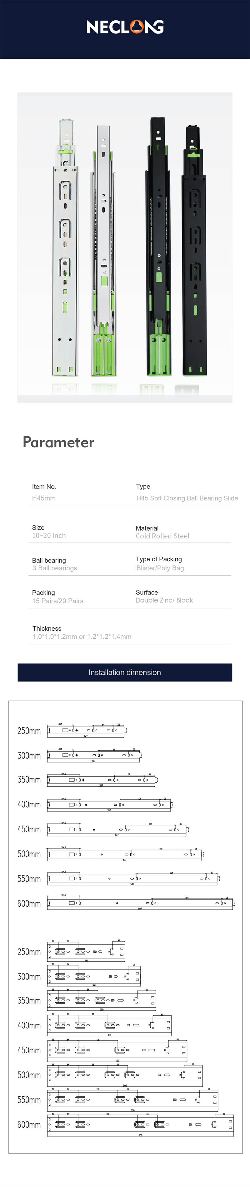 Ball Bearing Slide 3-Fold Soft Closing Cabinet Accessories Drawer Rail Hardware 10-22 Inch  