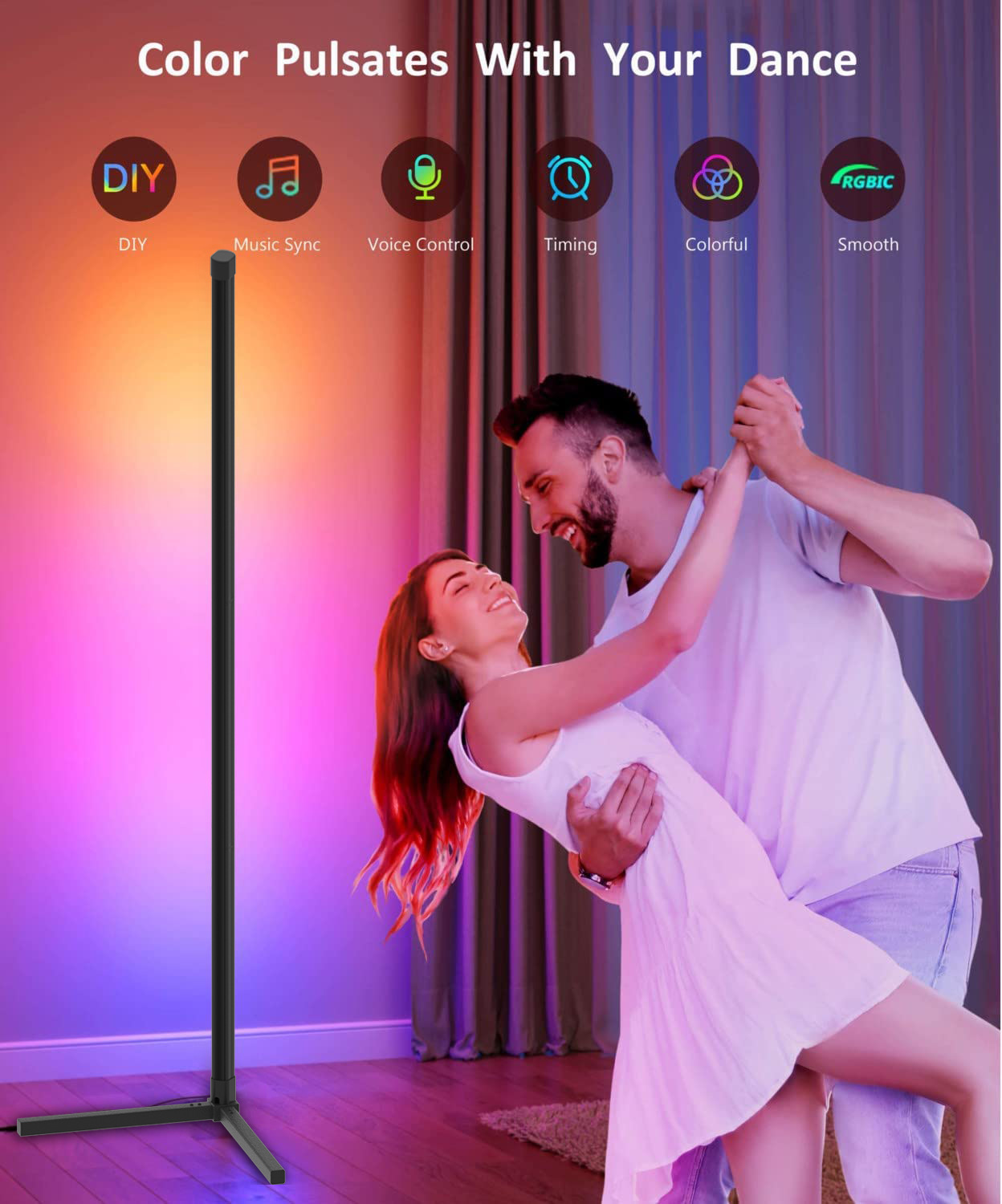 XRTECNA Music Smart Wireless App Controlled Modern Atmosphere Light Tripod Corner Standing RGB LED Floor Lamp