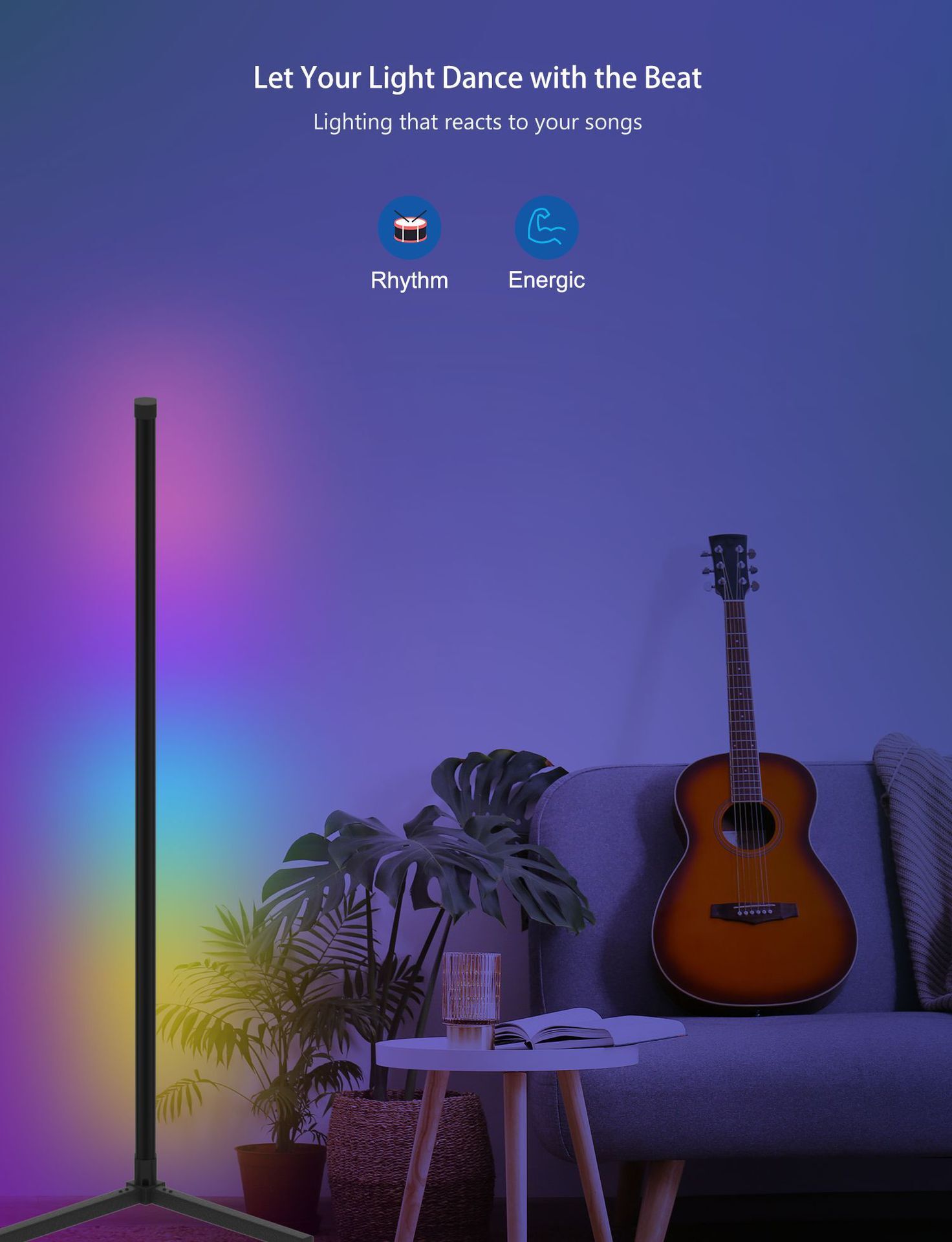 XRTECNA Music Smart Wireless App Controlled Modern Atmosphere Light Tripod Corner Standing RGB LED Floor Lamp