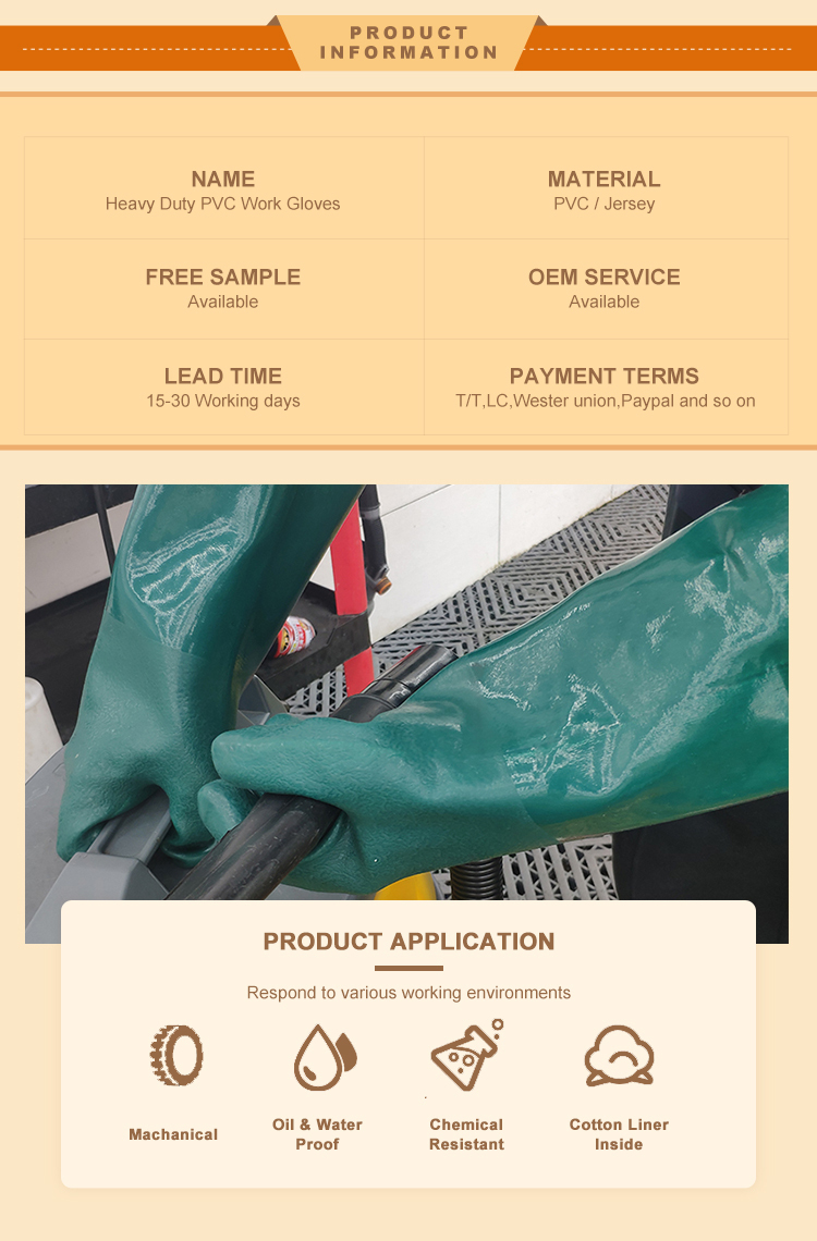 PVC Coated-Supported Jersey Lined Men's Gloves with 14" Gauntlet, Chemical Resistant, Dark Green - DPV115 PVC Coated-Supported Jersey Lined Men's Gloves with 14" Gauntlet, Chemical Resistant, Dark Green - DPV115 PVC Coated gloves,PVC gloves,Green PVC gloves,Chemical Resistant gloves,men's gloves