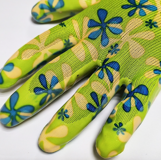 Polyester Nitrile Gardening Gloves - DNN351 Polyester Nitrile Gardening Gloves - DNN351 gloves,nitrile gloves,nitrile coated gloves,Floral Pattern gloves,garden gloves,floral gloves,breathable gloves,Green flower design gloves