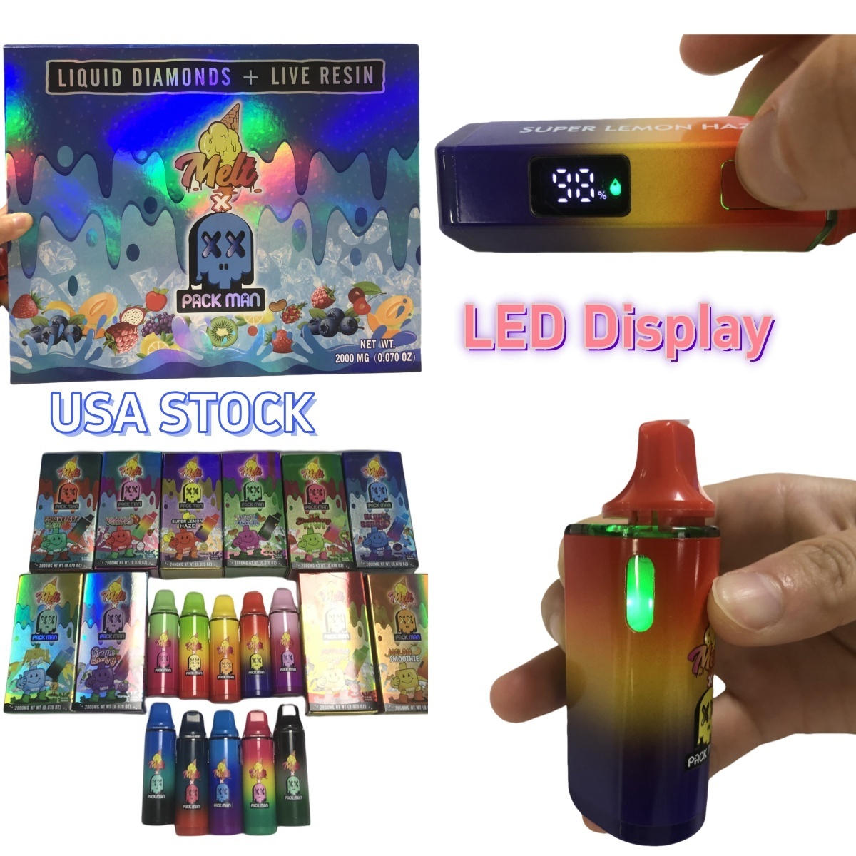 melt 2ml disposable vape pen Packman Vape​ 2G Carts Preheating Pods USA STOCK Kit Colours:Lavender g wiz vape geek peach