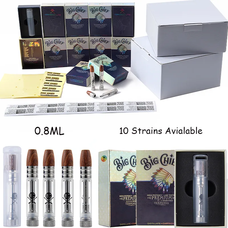 0.8ML Big Chief Carts Atomizers Disposable Vape Pens Green Wood Material Cartridges Packaging