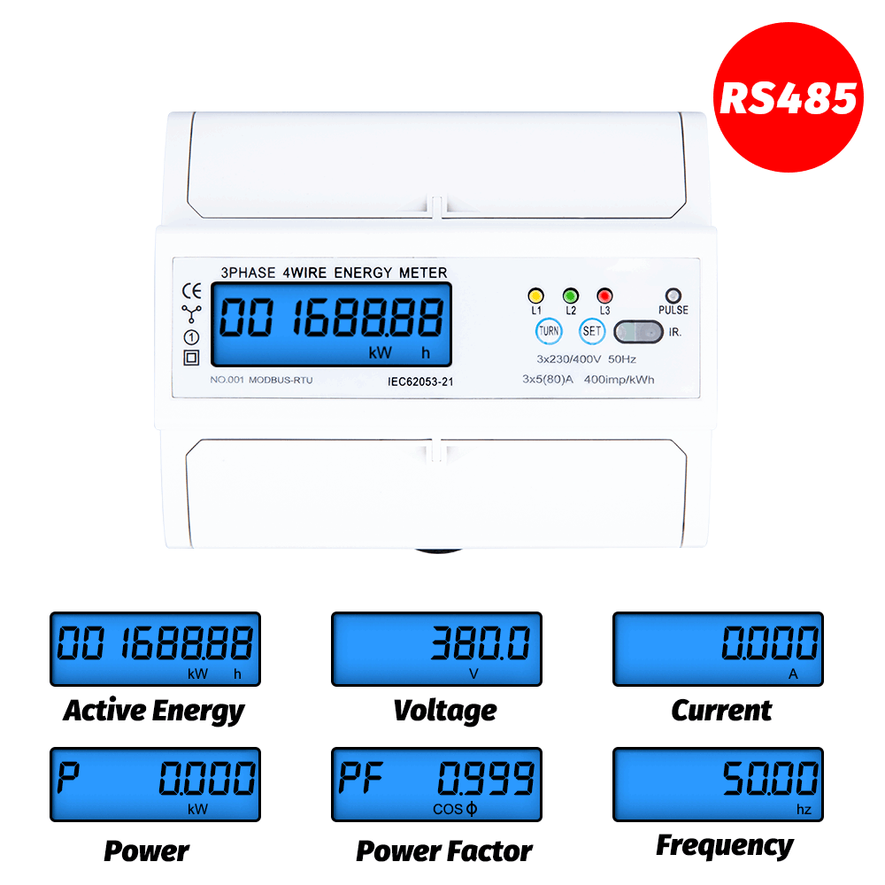 Din Rail Electric Three Phase Energy Meter RS485 kWh Consumption Power Voltage Current Wattmeter