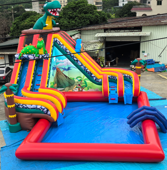 Commercial Dinosaur Inflatable Water Slide Dual Lane Giant Inflatable Waterslide with Splash Pool for Party Rental