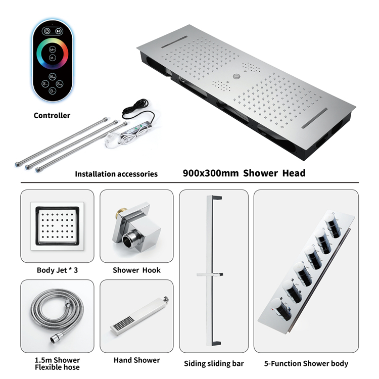 Ceiling Embedded 36*12 Inch Led Shower Head with Music Speaker System Rainfall Waterfall Column Bathroom Thermostatic LED Shower Faucet Set