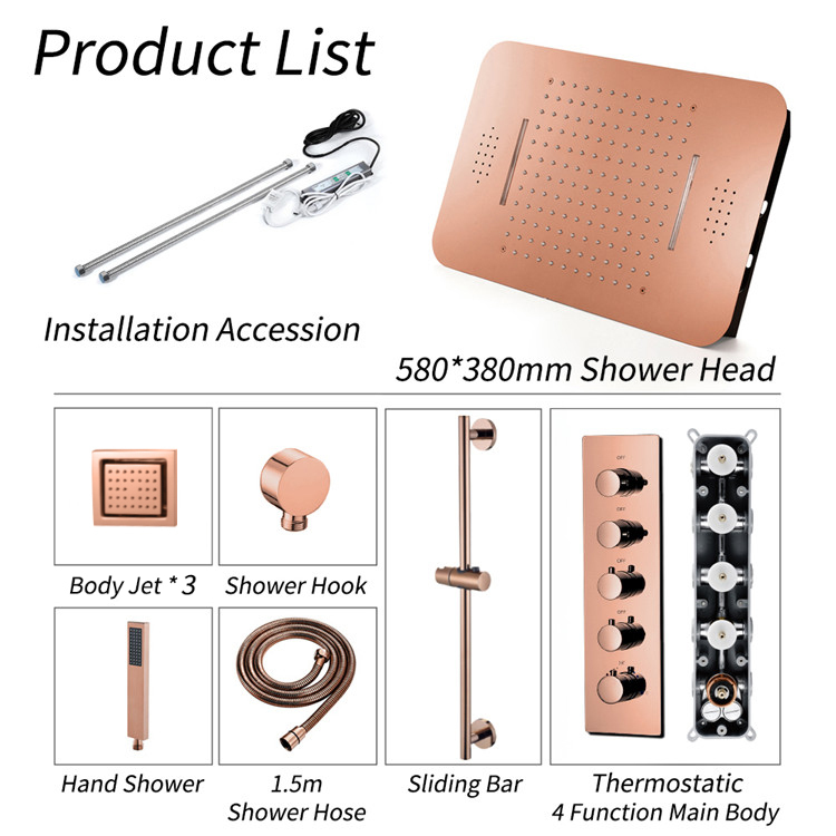 HIDEEP Music LED Shower System Ceiling Embedded  580*380mm Rain Waterfall Shower Head Bathroom Thermostatic Shower Faucet Set