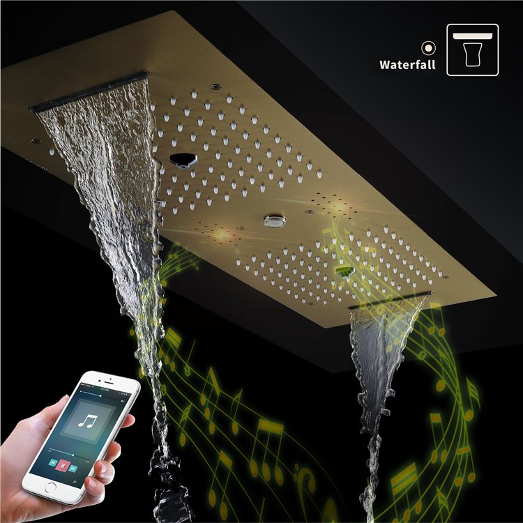 Ceiling Embedded 36*12 inch LED Shower Head with Music Speaker Rain Waterfall Mist Column Bathroom Thermostatic Shower Faucet Set
