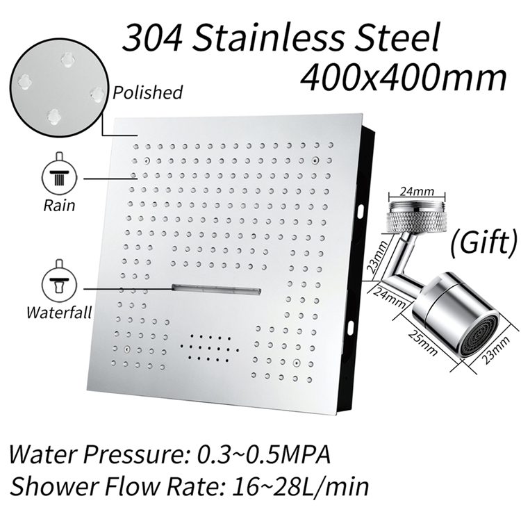  Ceiling mounted 400*400mm Rainfall Waterfall Mist 3 function 304 Stainless Steel Bathroom Shower Head