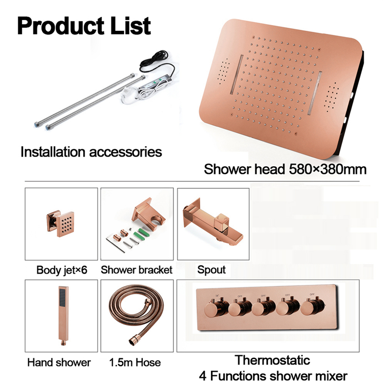 rose gold 580*380mm wall mounted thermostatic bathroom LED shower faucet set with music system